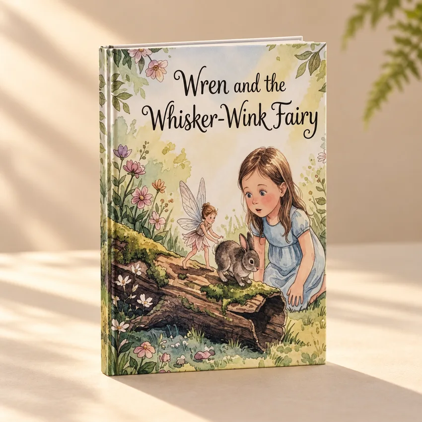 Studio book mockup of Wren and the Whisker-Wink Fairy
