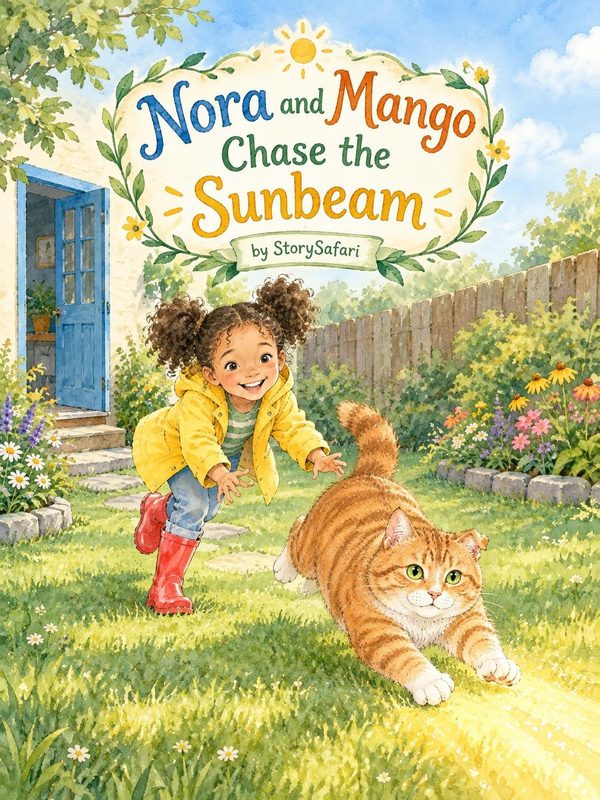 Cover of Nora and Mango Chase the Sunbeam, a girl in a yellow raincoat chasing a sunbeam with an orange tabby cat