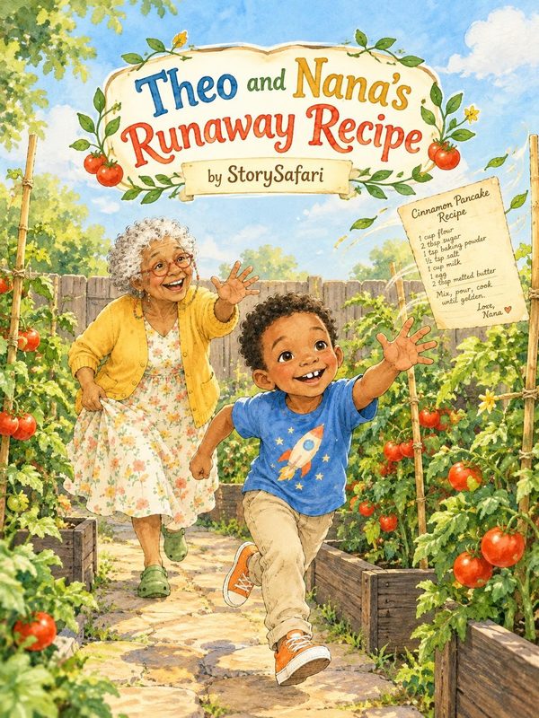 Cover of Theo and Nana's Runaway Recipe, Theo and his grandmother chasing a recipe card through her tomato garden