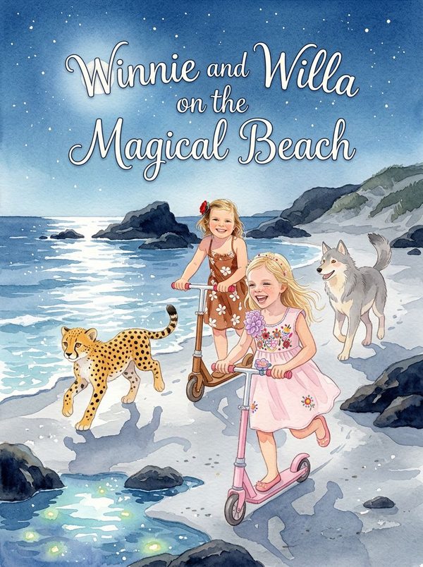 Cover of Winnie and Willa on the Magical Beach, two sisters riding pink and brown scooters beside a cheetah and a wolf