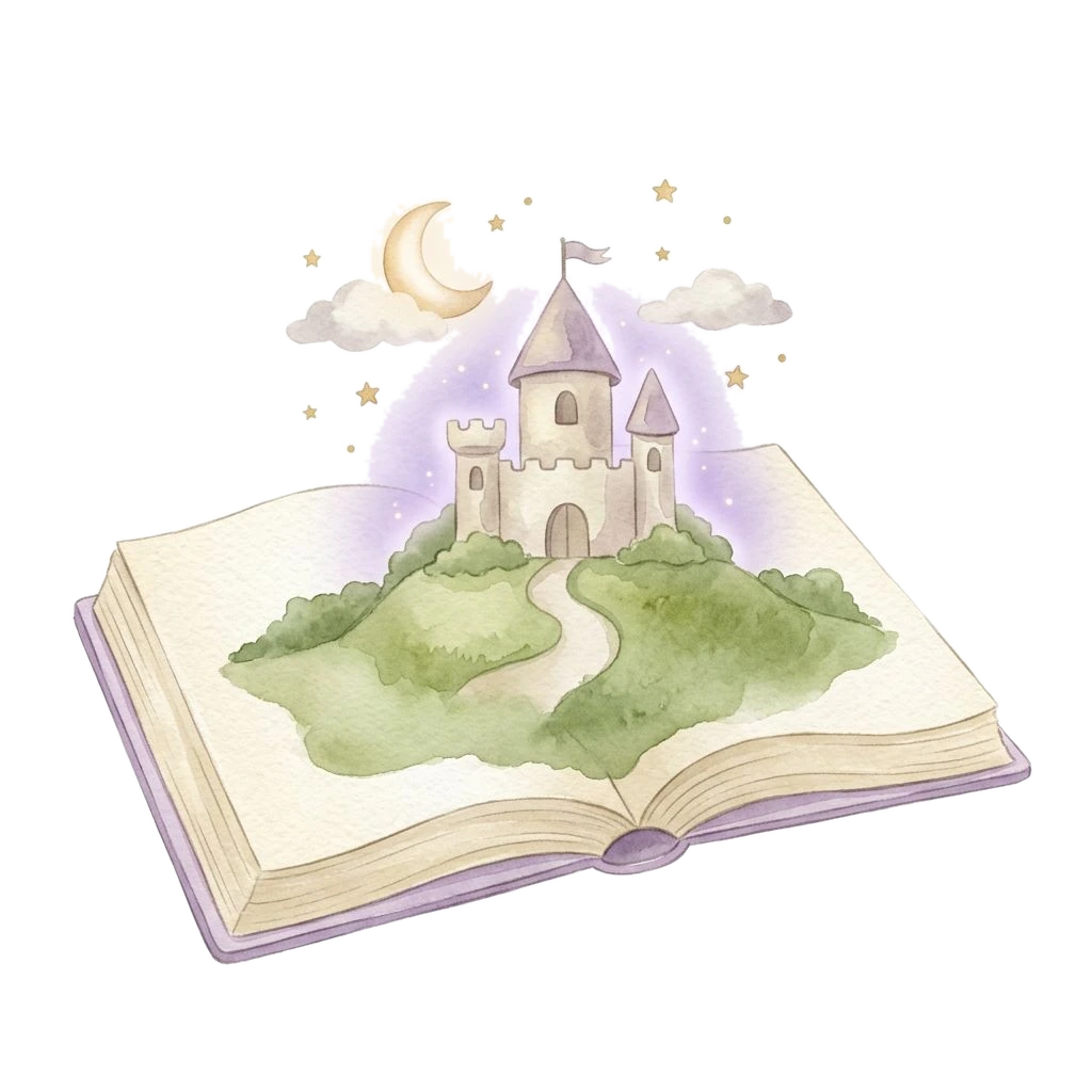 Watercolor open storybook with a castle rising from the pages