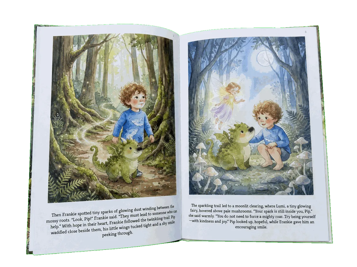 An open printed StorySafari hardcover showing its illustrated pages