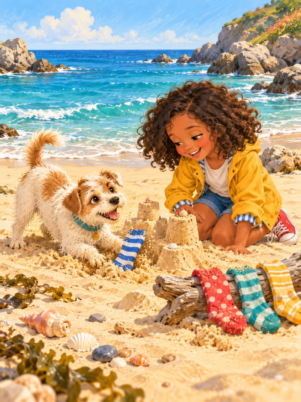 Ava and Biscuit discover a collection of missing socks beside a sandcastle on a sunny beach