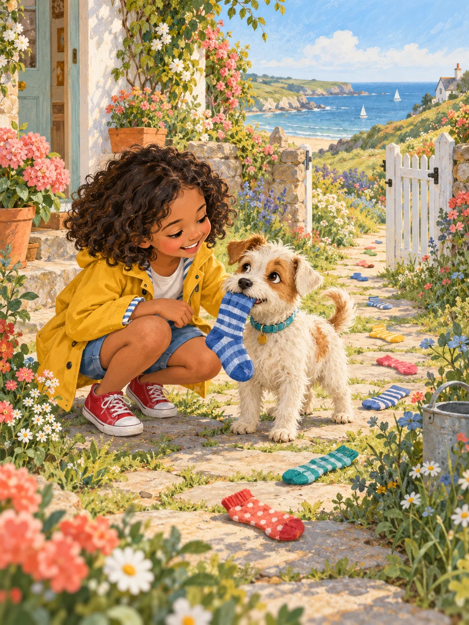 Ava in a yellow raincoat smiles at her scruffy terrier Biscuit, who holds a striped sock beside a garden path leading to the sea
