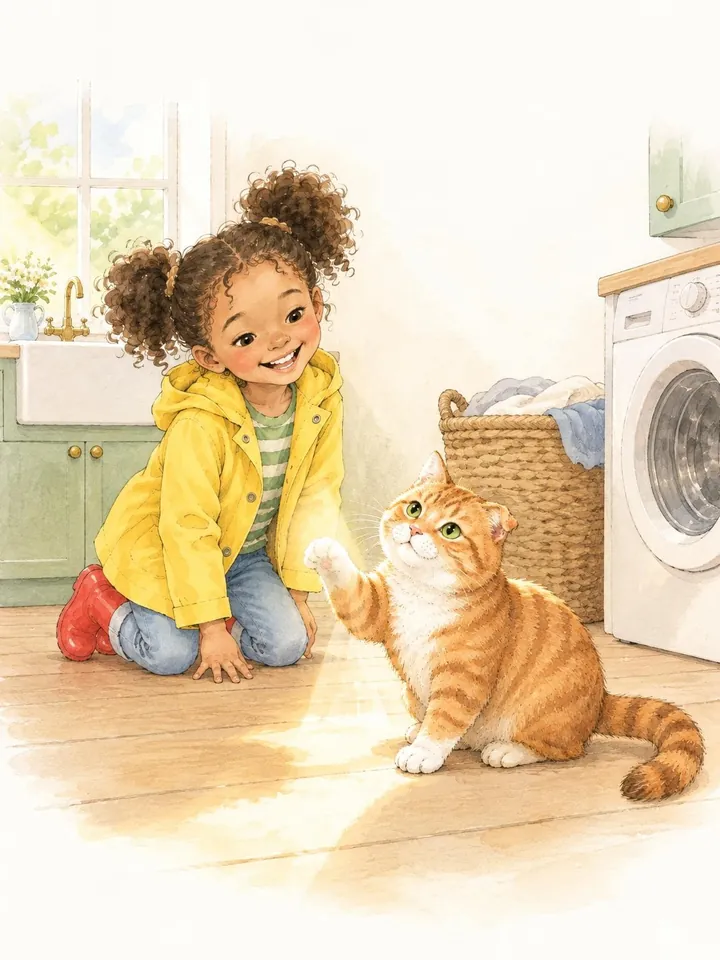 Page 1, Nora kneeling on the kitchen floor beside Mango, who paws at a patch of sunlight
