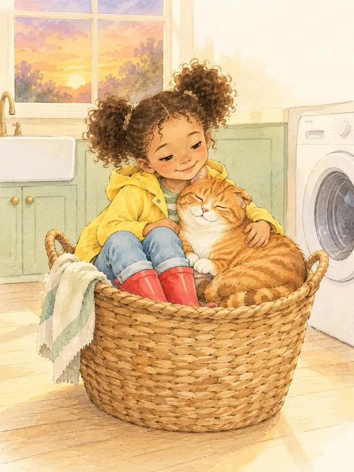 The last page, Nora and Mango curled up together in a laundry basket at sunset