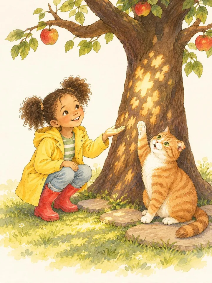 Page 5, Mango reaching for leaf-shaped spots of light on the apple tree while Nora crouches nearby