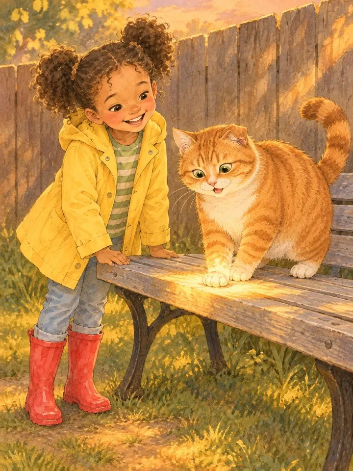 Page 9, Mango on the garden bench with one white paw in the sunbeam