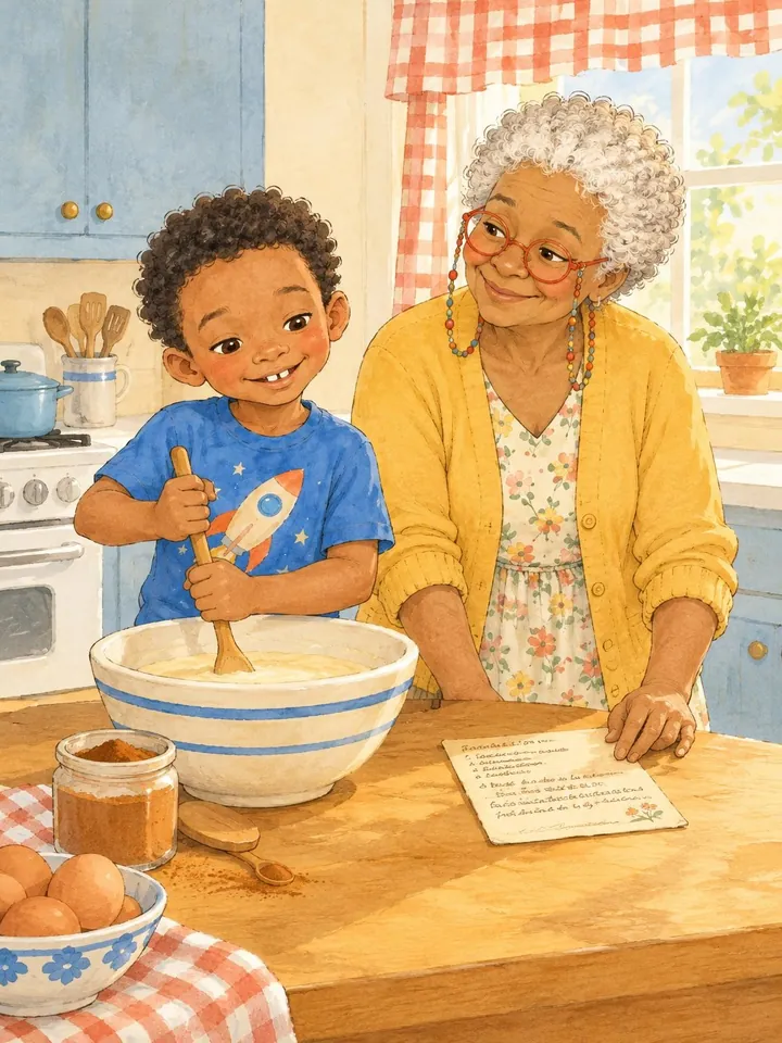 Page 11, Theo stirring pancake batter while Nana holds the rescued recipe card