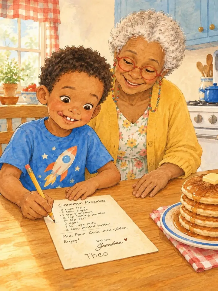 The last page, Theo writing his name under his grandmother's on the family recipe card