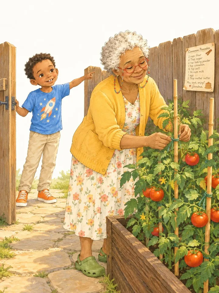 Page 3, Nana tying up a tomato vine while Theo waits by the garden gate