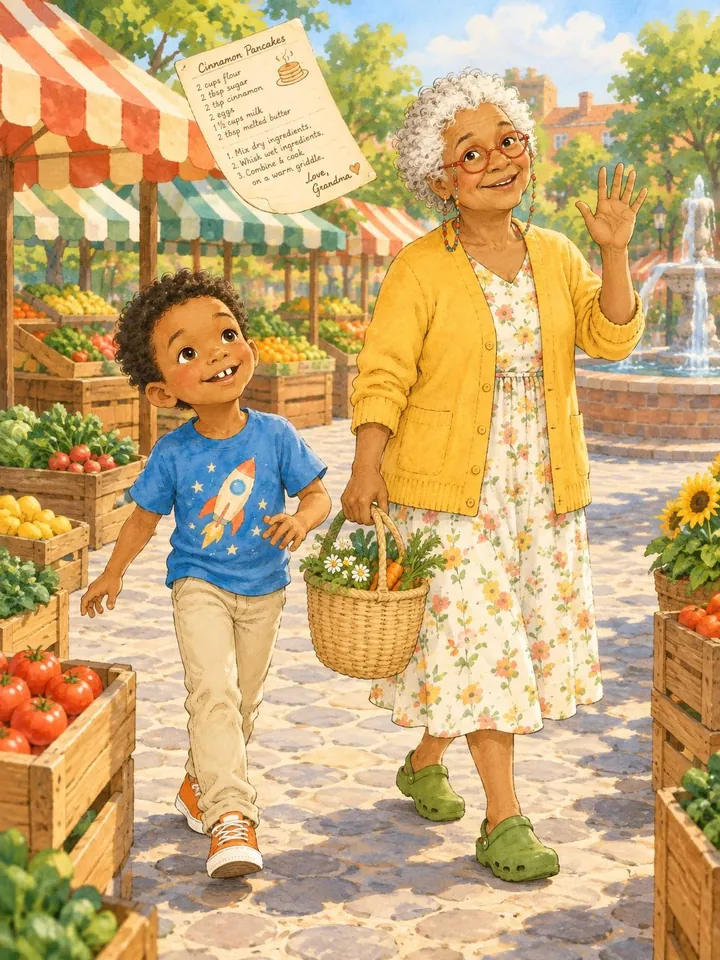 Page 6, Theo and Nana walking through the farmers market as the recipe card flies overhead
