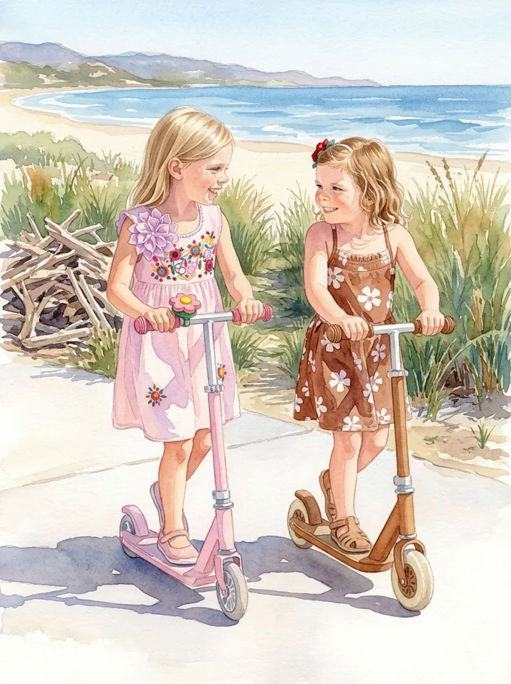 Page 12, the sisters smiling at each other beside their scooters