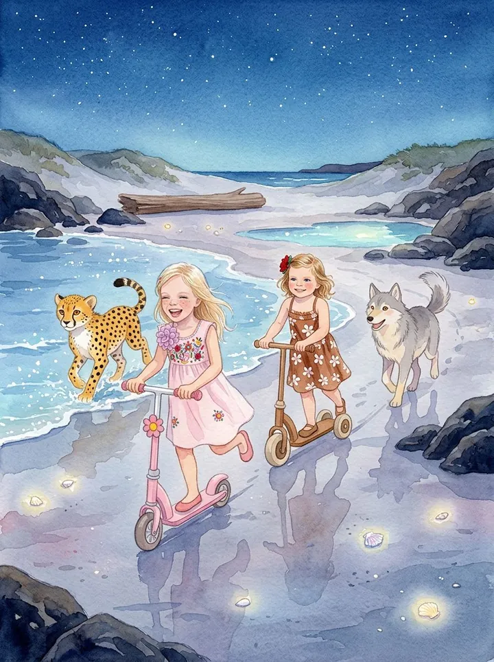 Page 5, the sisters racing their scooters across wet sand at night