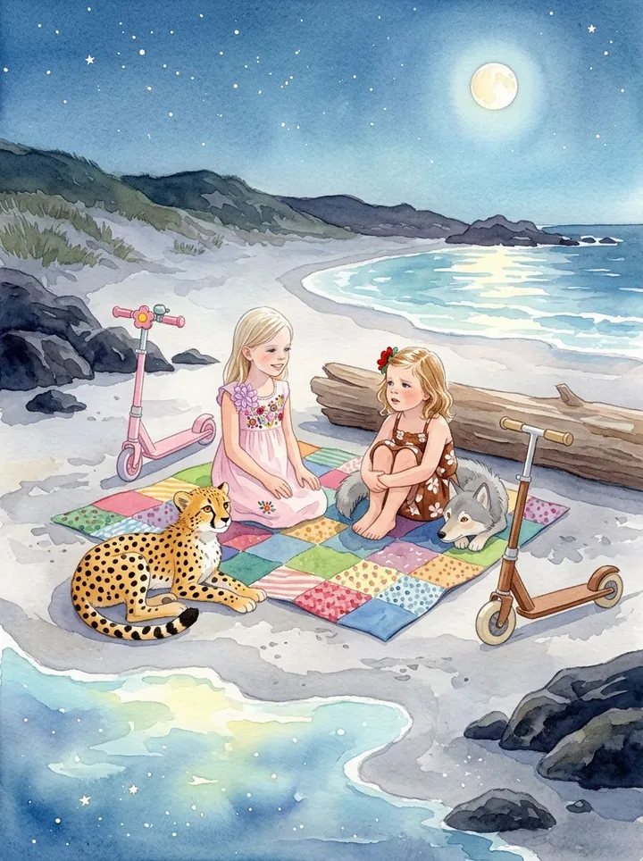 Page 7, the sisters sitting on a patchwork quilt beside a cheetah under the moon
