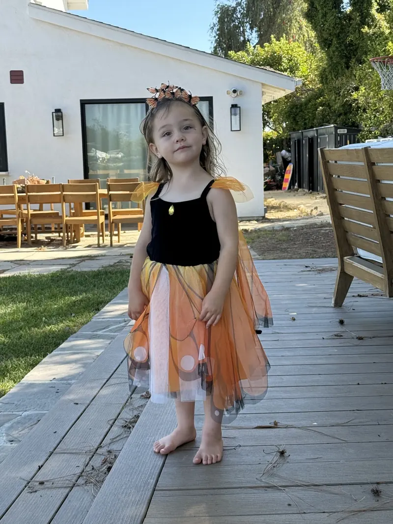 Wren wearing a butterfly costume before making her story